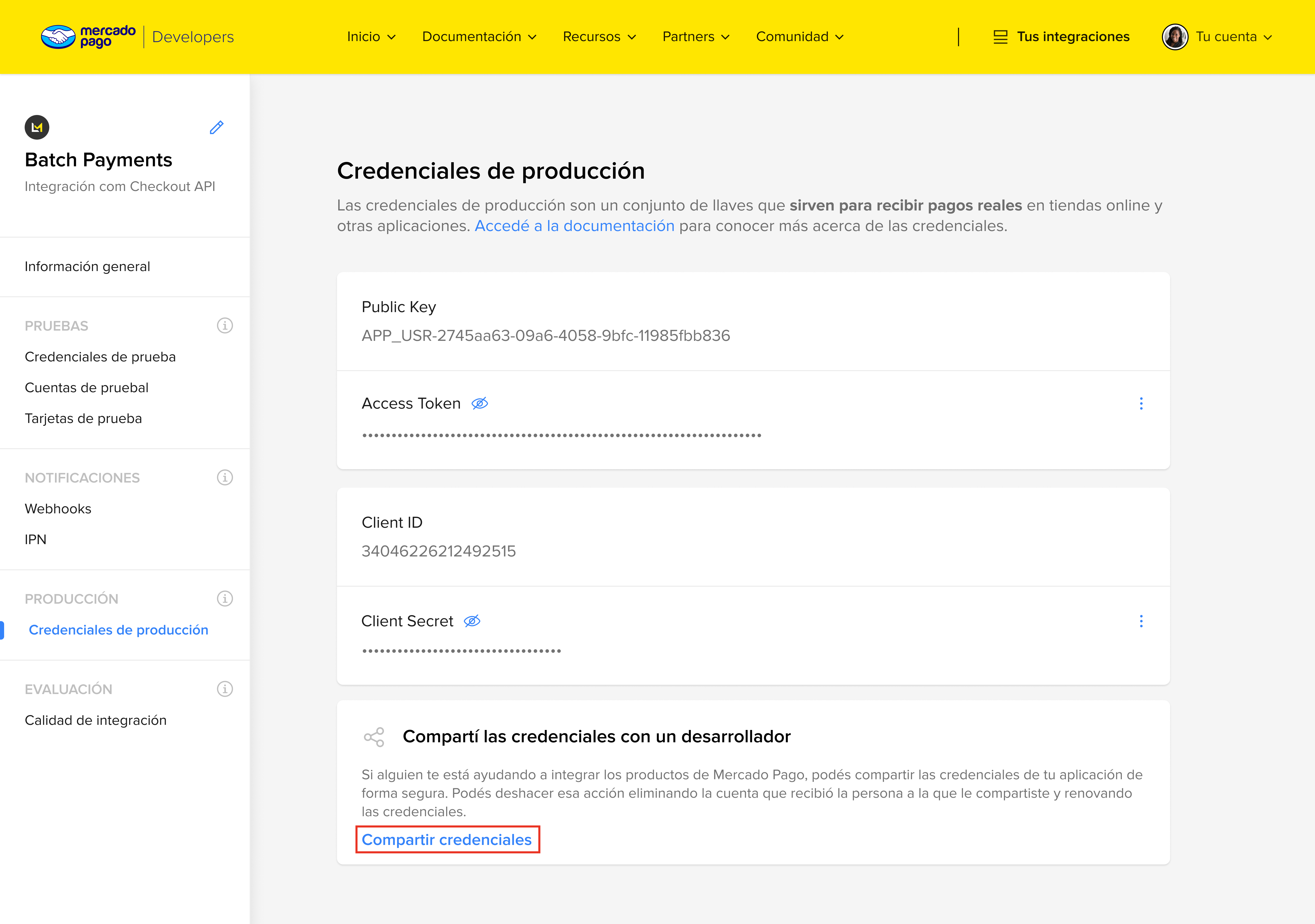 Pantalla Credenciales de producción